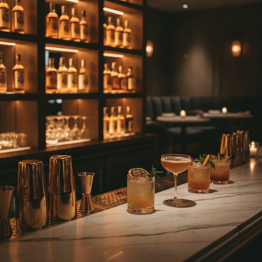 Craft cocktails on Lumière's marble bar with backlit amber bottles behind