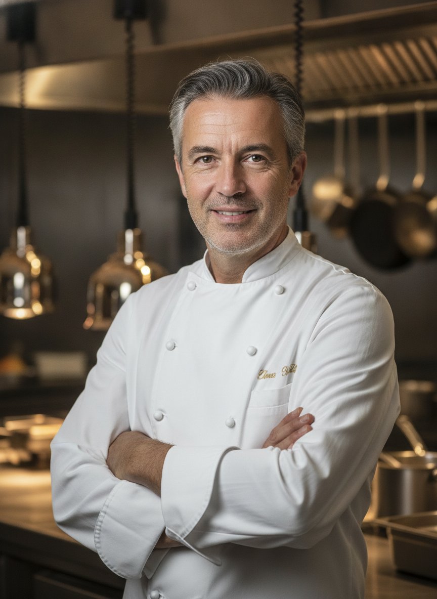 Executive Chef Étienne Rousseau in a white chef coat, arms crossed in his kitchen at Lumière