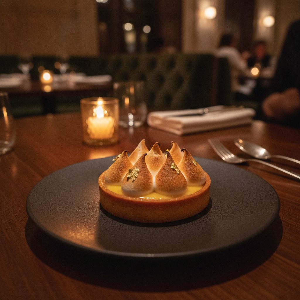 Lemon tart with torched meringue peaks and gold leaf on a dark ceramic plate