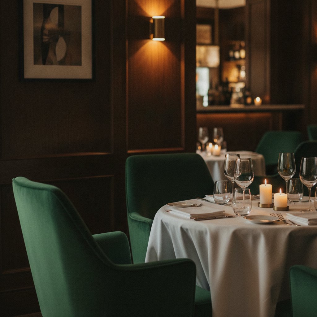 Emerald velvet chairs beside a glowing brass wall sconce in the dining room