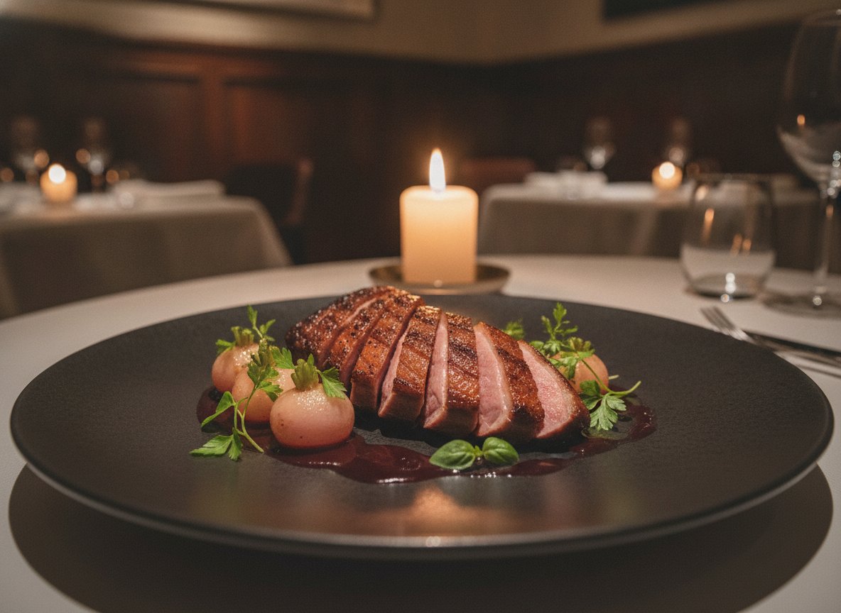 Sliced seared duck breast fanned over cherry gastrique with glazed baby turnips