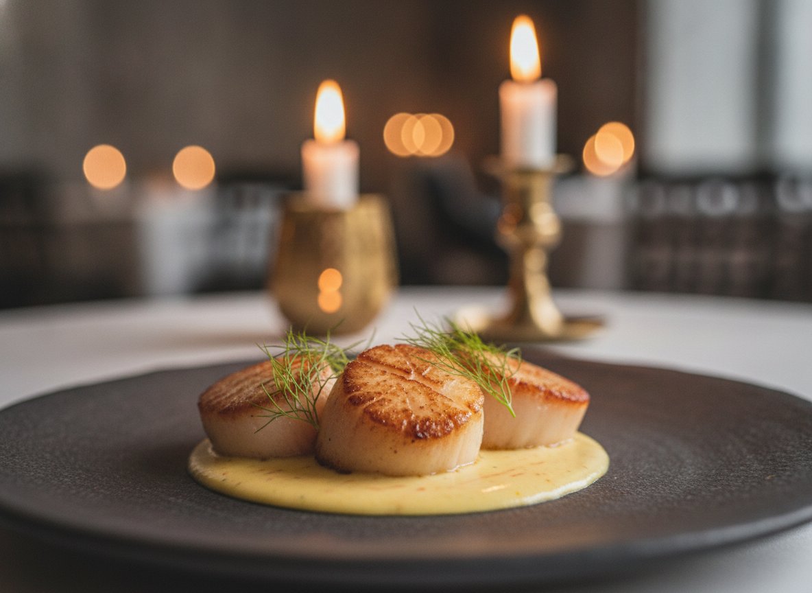 Three golden pan-seared diver scallops resting on saffron beurre blanc
