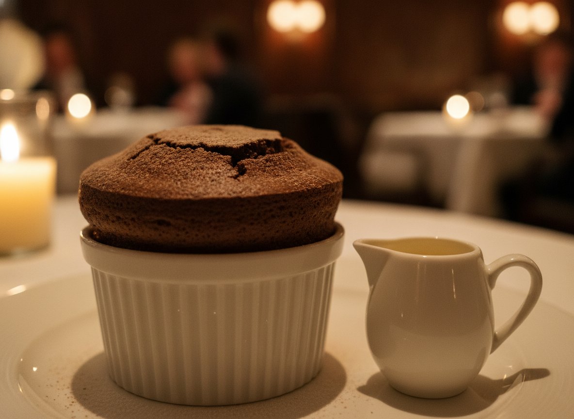 Dark chocolate soufflé rising from a white ramekin dusted with cocoa, served with crème anglaise