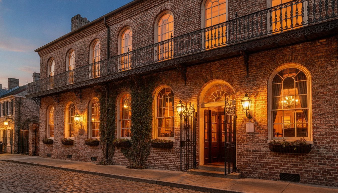 Lumière's historic brick exterior on King Street glowing with warm window light at dusk