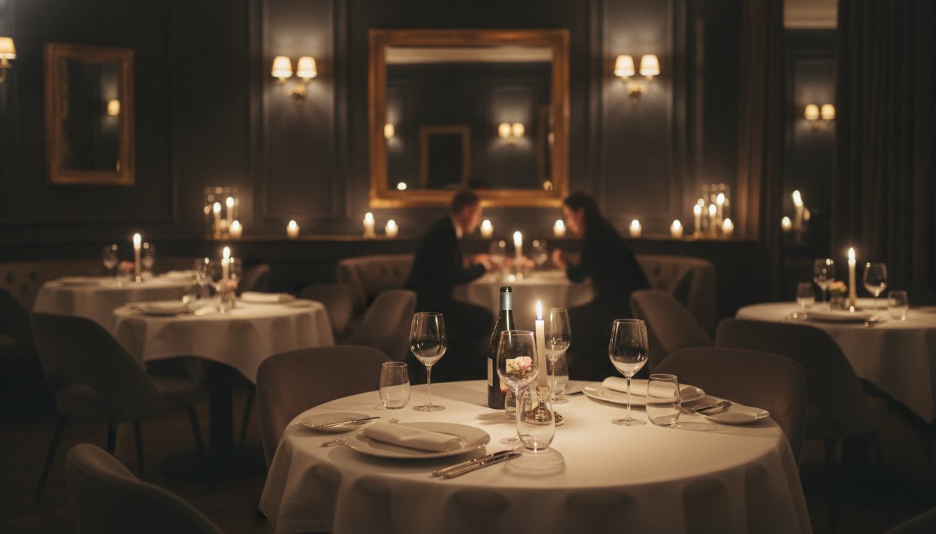 Candlelit dining room at Lumière with white tablecloths, brass accents and glowing amber light