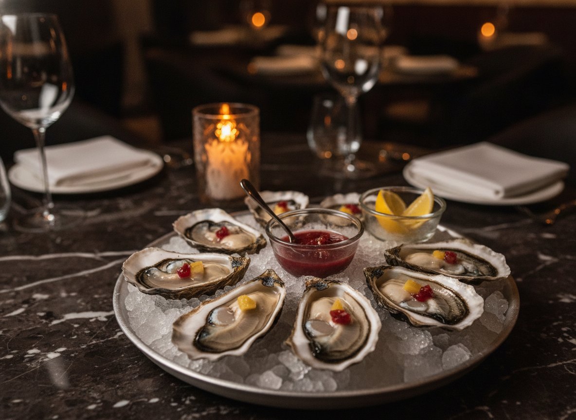 Freshly shucked oysters on crushed ice with mignonette and lemon at Lumière