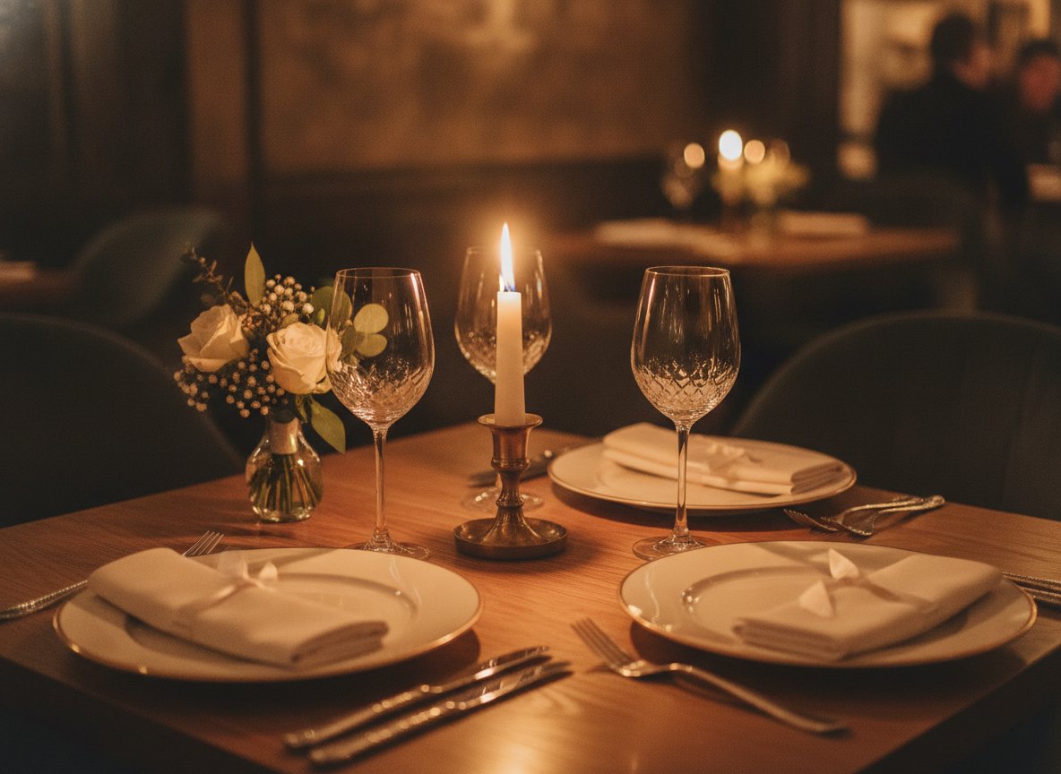 Intimate candlelit table for two set with crystal glasses, linen napkins and fresh flowers