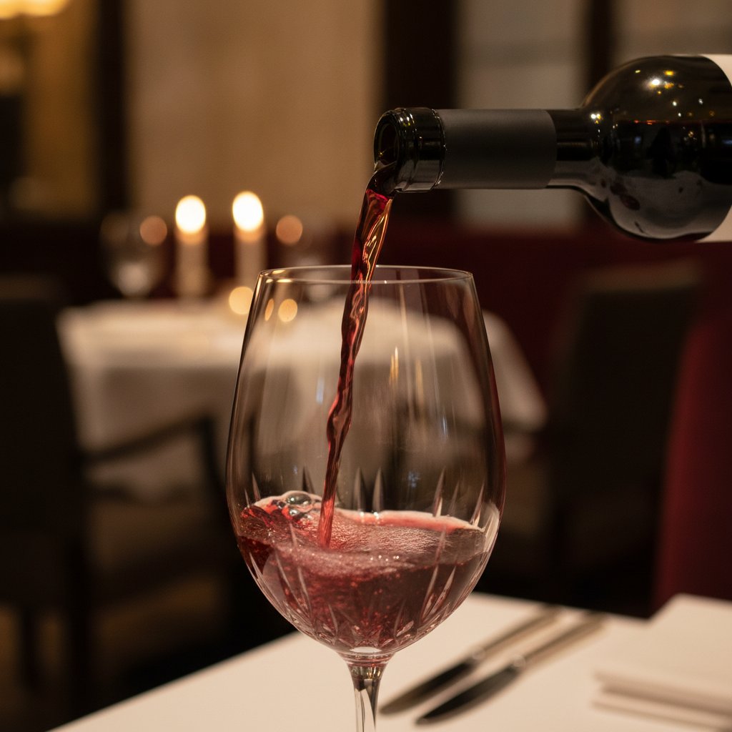 Red wine being poured into a crystal glass by candlelight at Lumière